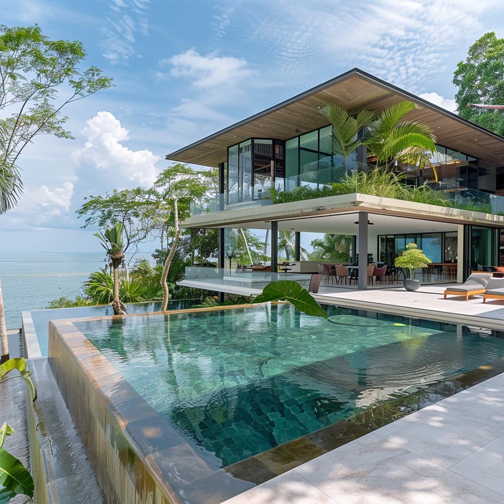 Propiedad de lujo frente al mar en Panamá con una villa moderna de grandes ventanas de vidrio, una piscina infinita con vista al océano y jardines tropicales exuberantes.