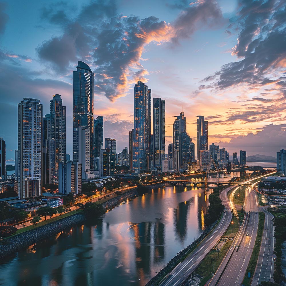 Panorámica del horizonte de la Ciudad de Panamá al atardecer con rascacielos modernos reflejando la luz dorada, la Bahía de Panamá en primer plano y el Puente de las Américas al fondo.